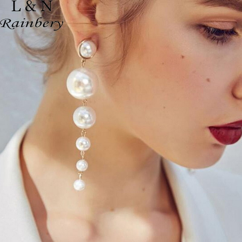 Rainbery New 2018 Trendy Created Big Long Drop Fashion Dangle Pearls Earrings for Women Fashion Earrings JE0738