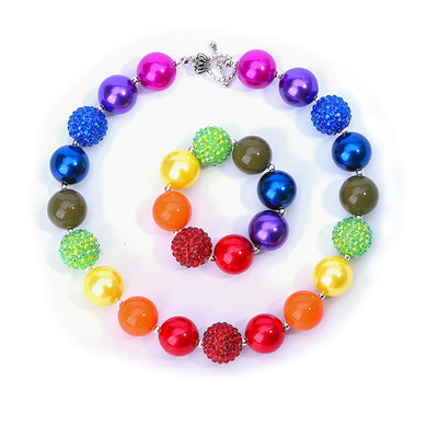 Rainbow Inspired Toddler Chunky Bead Necklace Girls Colorful Bubblegum Necklace and Bracelet Set Handmade Party Favors for Kids