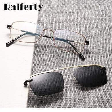 Ralferty 2 in 1 Retro Polarized Sunglasses Men Women Metal Rectangle Eyeglass Frame 0 Diopter Optic Magnet Clip On Glasses D060