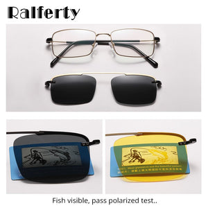 Ralferty 2 in 1 Retro Polarized Sunglasses Men Women Metal Rectangle Eyeglass Frame 0 Diopter Optic Magnet Clip On Glasses D060