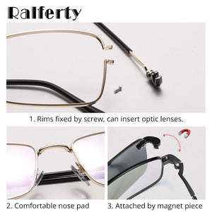 Ralferty 2 in 1 Retro Polarized Sunglasses Men Women Metal Rectangle Eyeglass Frame 0 Diopter Optic Magnet Clip On Glasses D060