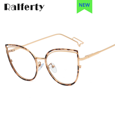 Ralferty Retro Metallic Eyeglass Frame Women Computer Anti Blue Light Glasses Leopard Myopia Optic Prescription Glasses Frame
