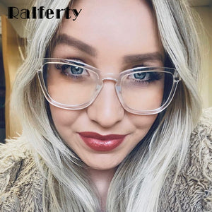 Ralferty Retro Transparent Glasses Women's Square TR90 0 Diopter Prescription Myopia Optic Frames Anti Blue Light Glasses F93391