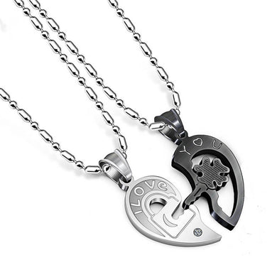 Romantic Stainless Steel Half Heart Pendants Necklaces for Couples Love You Key Lock Promise Necklaces 2PCS ANE089