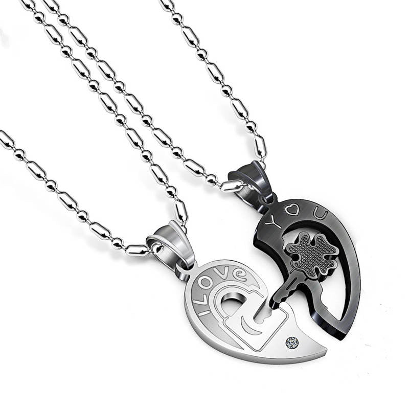 Romantic Stainless Steel Half Heart Pendants Necklaces for Couples Love You Key Lock Promise Necklaces 2PCS ANE089