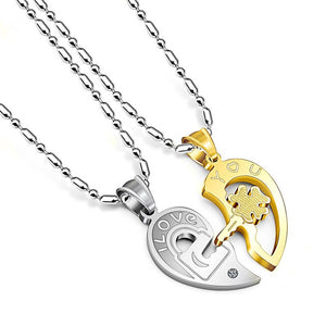 Romantic Stainless Steel Half Heart Pendants Necklaces for Couples Love You Key Lock Promise Necklaces 2PCS ANE089