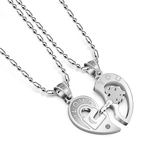 Romantic Stainless Steel Half Heart Pendants Necklaces for Couples Love You Key Lock Promise Necklaces 2PCS ANE089