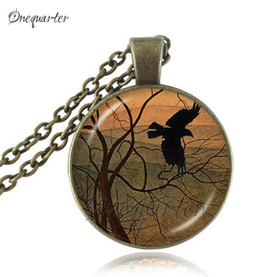 Raven jewelry crow pendant necklace winter flying bird choker glass cabochon animal neckless women men jewellery wholesale gifts