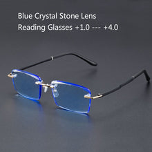 Load image into Gallery viewer, Reading Glasses Man Natural Crystal Stone Glass Lens Hyperopia Woman TR90 Blue Rimless Presbyopia Eyeglasses +1.5 2.0 3.5 +4.0