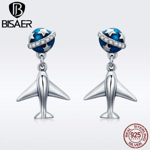 Real 100% 925 Sterling Silver Blue Planet Plane Star Tours Drop Earrings for Women Girl Fine Jewelry Silver Gift Brincos Femme