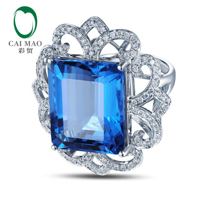 Real 18K White Gold 22.68ct Emerald Flawless IF Topaz Pave Set Diamond Engagement Ring