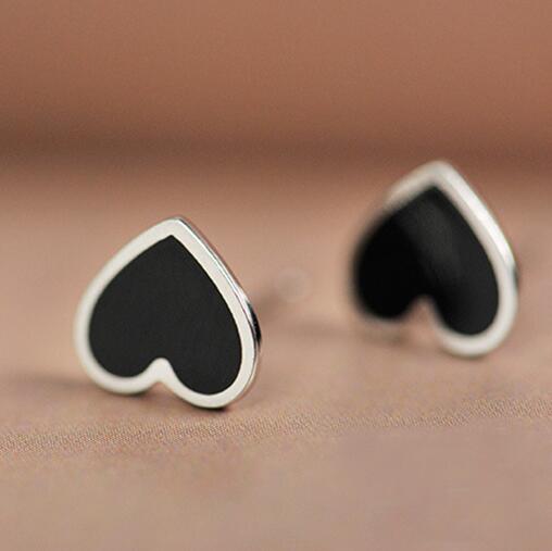 Real 925 Sterling Silver Black Heart Stud Earrings for Women Girls Fashion sterling-silver-jewelry brincos brinco