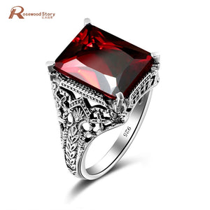 Real 925 Sterling Silver Cocktail Ring Classic Garnet CZ Big Stone Rings For Women Ilan Flower Filament Wide Party Fine Jewelry