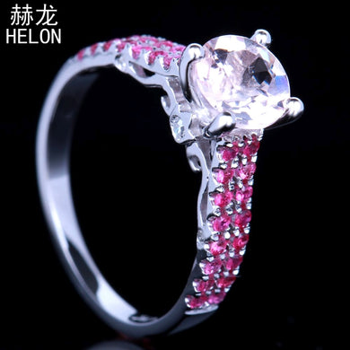 Real 925 Sterling Silver Flawless 6mm Round Morganite Genuine 0.3ct Diamonds & Ruby Engagement Wedding Women Fine Jewelry Ring