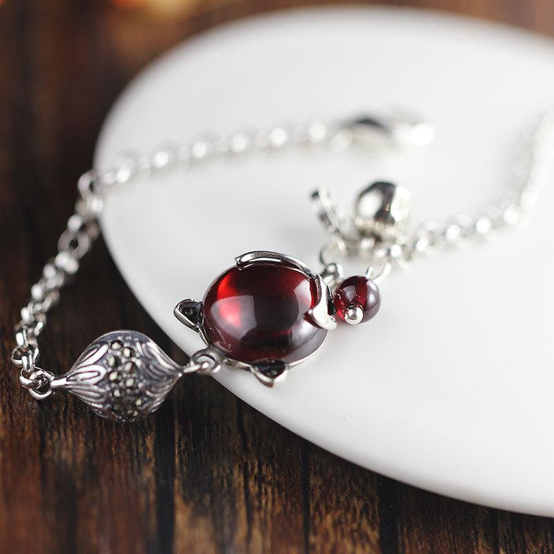 Real 925 Sterling Silver Fox Charm Bracelets For Women Red Garnet Natural Stone Handmade Jewelry Pulseiras Femininas