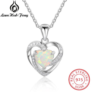 Real 925 Sterling Silver Heart White Fire Opal Pendant Necklace With Cubic Zirconia Fine Jewelry Gift for Women (Lam Hub Fong)