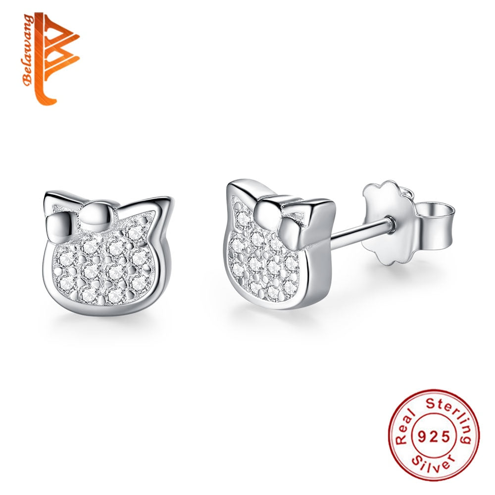 Real 925 Sterling Silver Lovely Kitty Cat Stud Earring Cute Children Crystal Animal Earrings for Girls Kids Fashion Jewelry