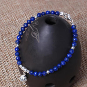 Real 925 Sterling Silver Natural Lapis Stone Beads Bracelets For Women With Lotus Flower Charm Bracelete Feminino