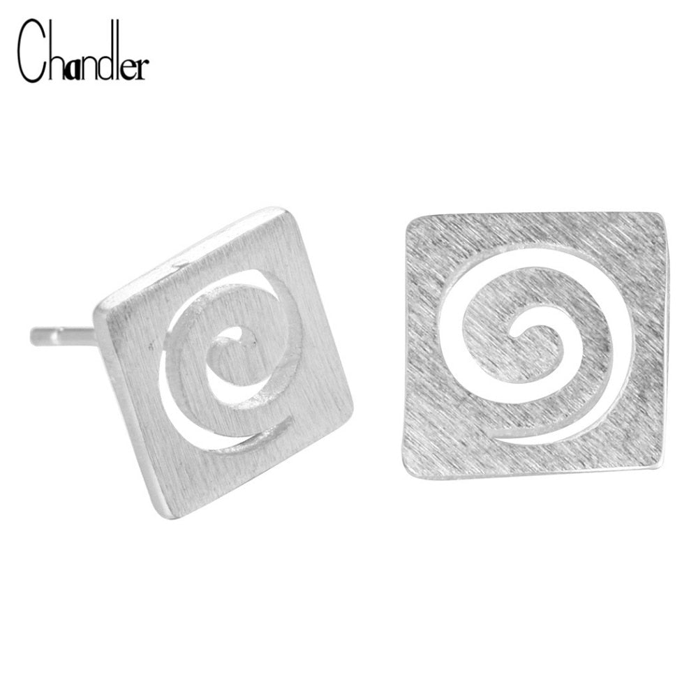 Real 925 Sterling Silver Plain Matte Square Stud Earrings Small Cute Swirl Geometrical Brincos For Women Birthd Gift Jewelry