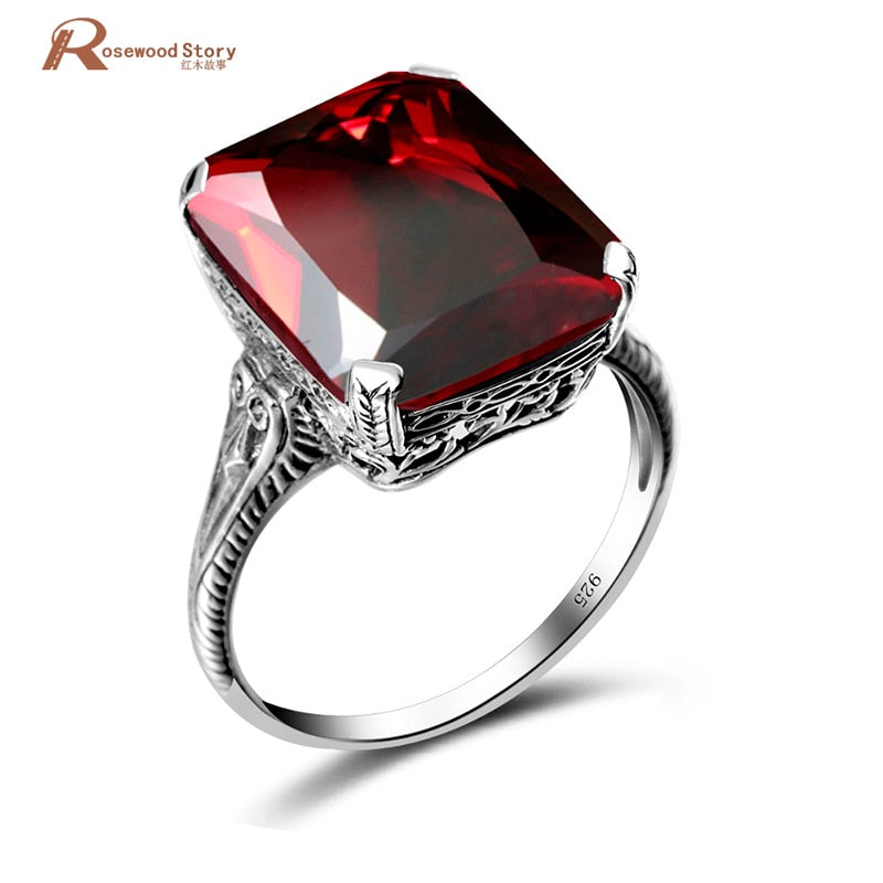 Real 925 Sterling Silver Vintage Rings for Women Lovers Fashion Jewelry Garnet Crystal Cocktail Ring Carved Pattern Jewelry