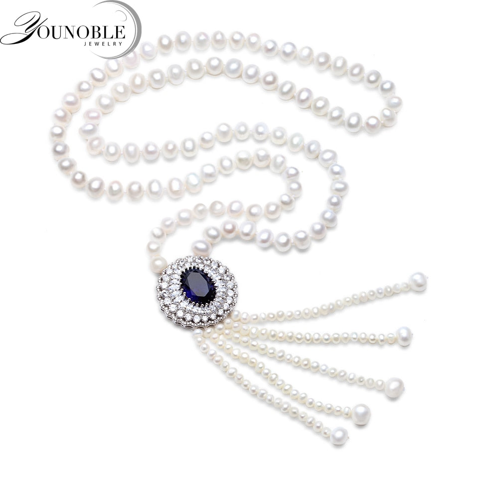 Collana con vera pera lunga da donna, collana con ciondolo di perle naturali con nappa, gioielli in argento 925 con dichiarazione, regalo per moglie e madre 