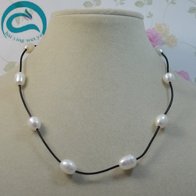 Real Leather Pearl Necklace Natural White Color AA 10-11MM Pearl Black Leather Necklace Woman Fine Jewelry