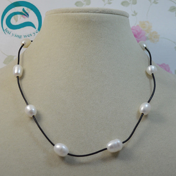 Real Leather Pearl Necklace Natural White Color AA 10-11MM Pearl Black Leather Necklace Woman Fine Jewelry
