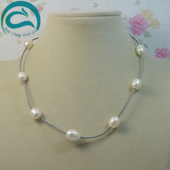 Real Leather Pearl Necklace Natural White Color AA 10-11MM Pearl Gr Leather Necklace Woman Fine Jewelry