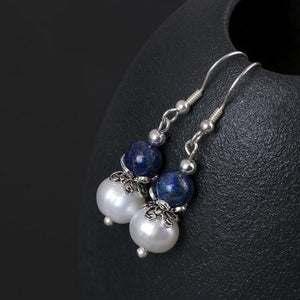 Real Pure 925 Sterling Silver Dangle Earrings Elegant Ladies Pearl Earrings Vintage With Lapis Lazuli Natural Stone