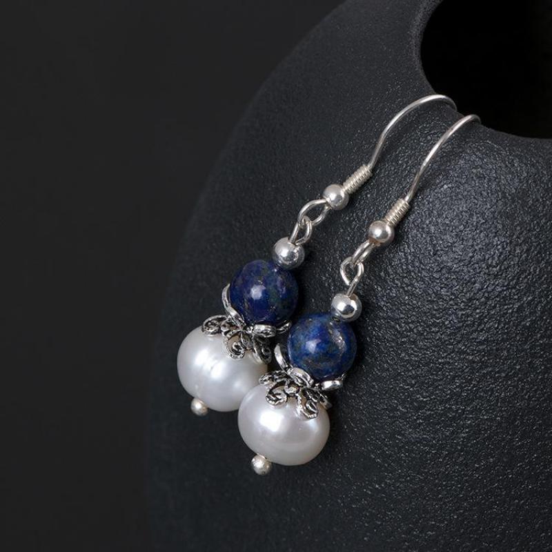 Real Pure 925 Sterling Silver Dangle Earrings Elegant Ladies Pearl Earrings Vintage With Lapis Lazuli Natural Stone