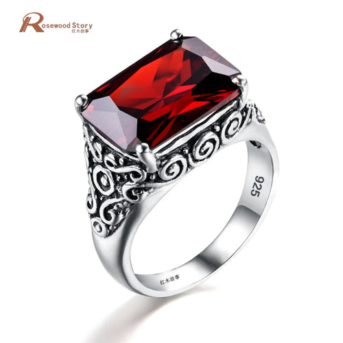 Real Pure 925 Sterling Silver Ring For Men Women Garnet Crystal Stone Ring Vintage Engraved Medieval Pattern Elements Jewelry