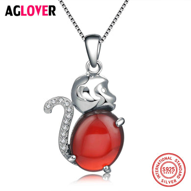 Real Pure 925 Sterling Silver Statement Cute 3D Red Crystal Zircon Monkey Necklaces & Pendants For Kids Birthd Gift