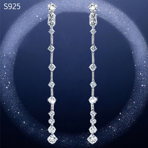 Real Pure Genuine Solid 925 Sterling Silver Long Dangle Drop Earrings for Women Cubic Zircon Crystal Wedding Tassel Earrings