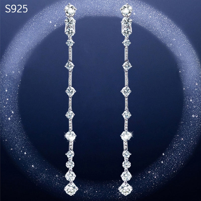 Real Pure Genuine Solid 925 Sterling Silver Long Dangle Drop Earrings for Women Cubic Zircon Crystal Wedding Tassel Earrings