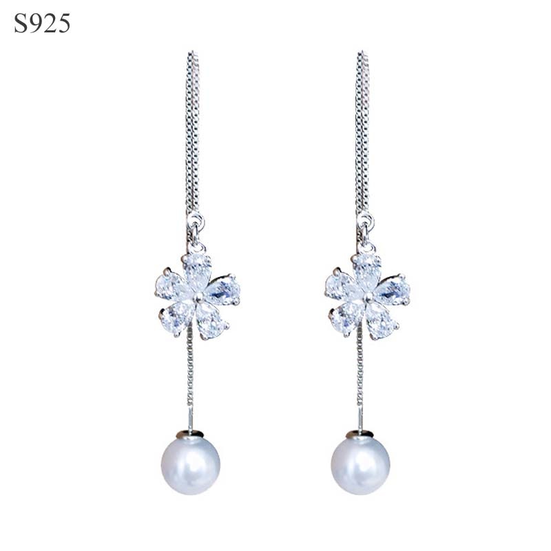 Real Pure Solid 925 Sterling Silver Long Dangle Tassel Earrings Women Jewelry Double Side Pearl Cubic Zircon Female Drop Earring