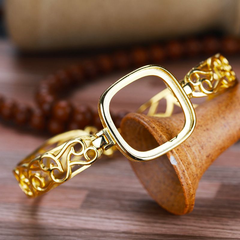 Real Sterling Silver 925 Yellow Gold Color Semi Mount Bracelet Cushion Cabochon 20x20mm for Amber Turqoise Lapis lazuli