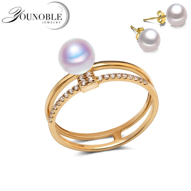 Real Wedding 18K Yellow Gold Ring,Round Seawater Akoya Pearl Ring Fine Jewelry Anniversary Women Girls Gift in Box
