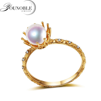 Real Wedding 18K Yellow Gold Wedding Rings Round Natural Akoya,Pearl Ring Fine Jewelry Anniversary Women Girls Gift in Box