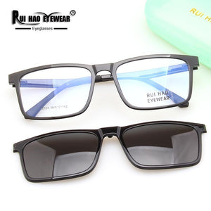 Rectangle Eyeglasses Frame And Clip on Sunglasses Polarized Optical Prescription Glasses Men Spectacles 2124