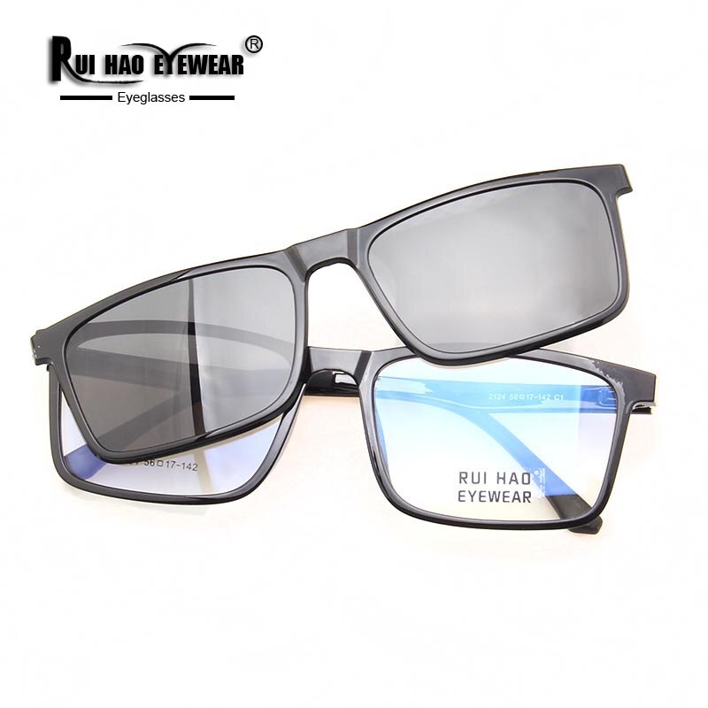 Rectangle Eyeglasses Frame And Clip on Sunglasses Polarized Optical Prescription Glasses Men Spectacles 2124