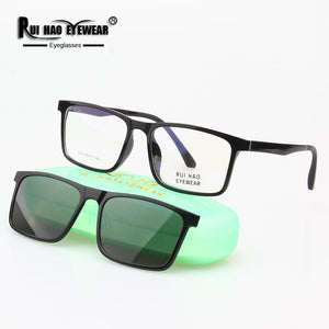 Rectangle Eyeglasses Frame And Clip on Sunglasses Polarized Optical Prescription Glasses Men Spectacles 2124