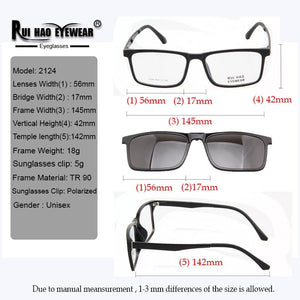 Rectangle Eyeglasses Frame And Clip on Sunglasses Polarized Optical Prescription Glasses Men Spectacles 2124