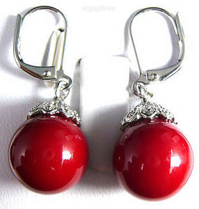 Red Coral Beads White Flower Hook Earrings Natural stone 925 Sterling Silver wedding jewelry earrings
