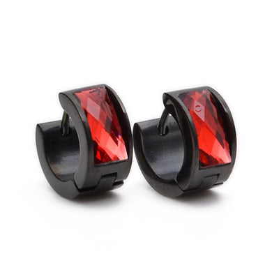 Red Crystal Black Stainless Steel Studs Hoop Mens Earrings E264