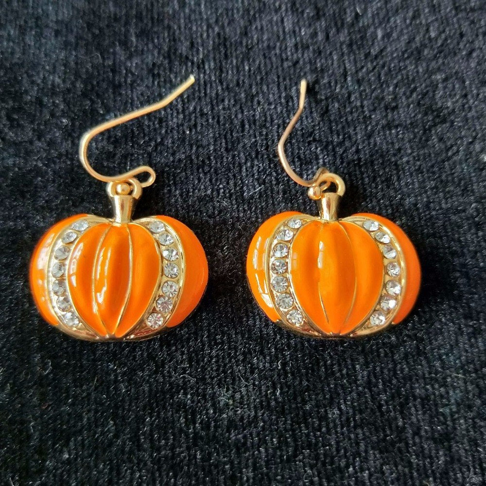 Halloween Orange Pumpkin Shape Epoxy with Rhinestone Pendant Earrings Cute Design Jewelry For Party