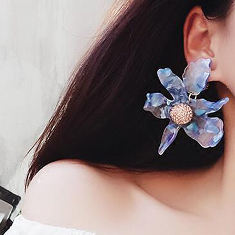 Resin Flower Big Earrings European Statement Elegant Jewelry Luxury New Rhinestones Balls Large Drop Earrings EB7109