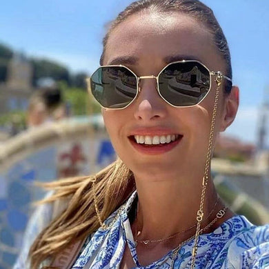 Retro Alloy Polygon Round Sunglasses Women  2023 Men Brand Designer Small Punk Sun Glasses Shades With V Chain Lanyard