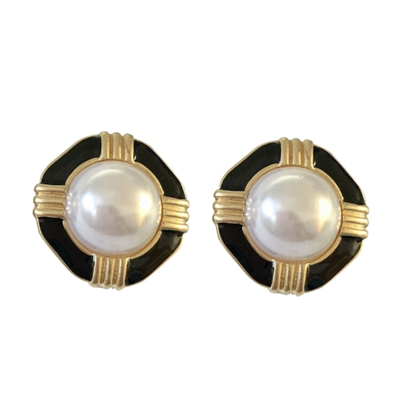 Retro Black Drop Simulated Pearl Earrings Exaggerated Retro Silver Color Pin Earrings - Vintage Earrings Female Jewelry
