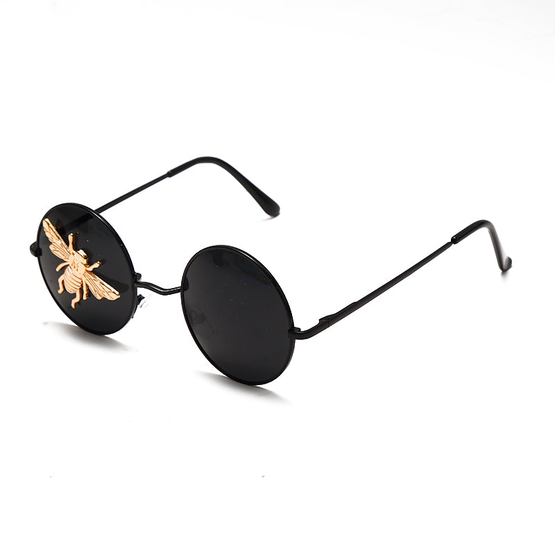 Retro Classic Round Sunglasses Male Brand Designer Little Bee Sunglasses Lady Metal Frame Black Lens Glasses UV400