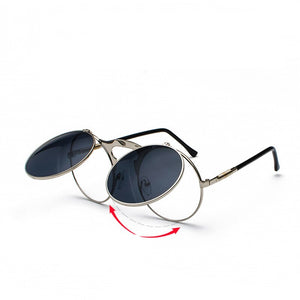 Retro Round Frame Metal Steampunk Flip Cover Male Sunglasses Flip Cover Goggles Female Style Hipster Glasses Gafas De Sol